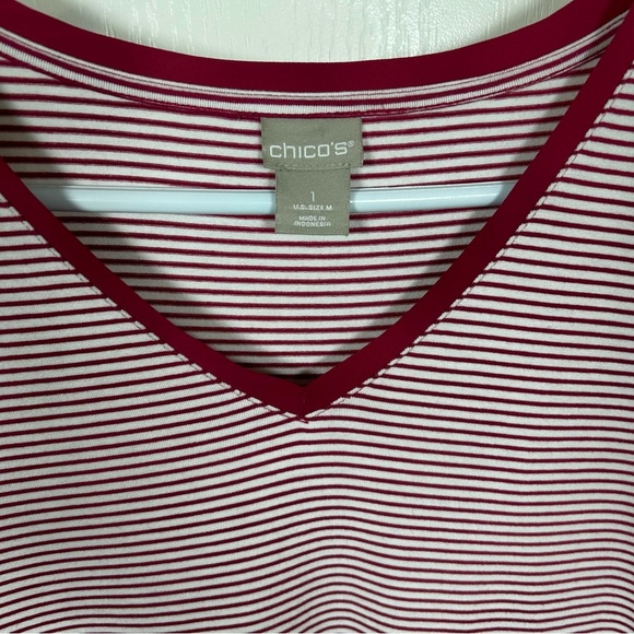 Chico's size 1 (M) Red White Striped V Neck Ultra Soft Stretch Long Sleeve Top - Picture 2 of 6